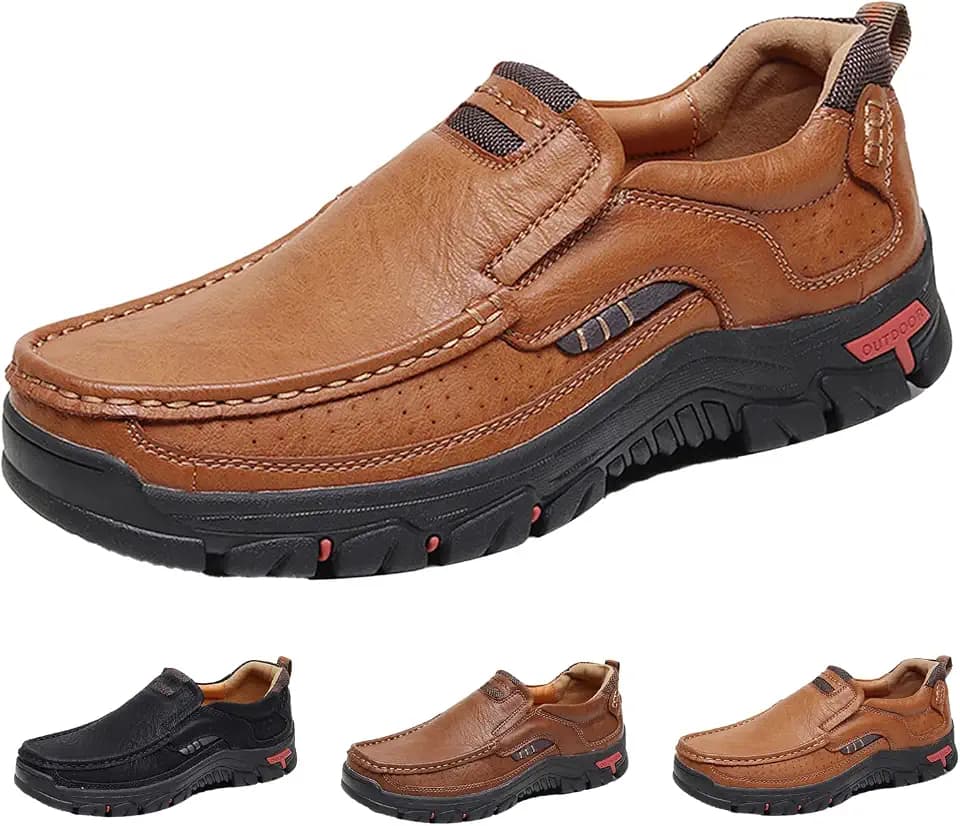 Men's Slip On Outdoor Arch Support Loafers,Comfort Hand-Stitching Leather Elastic Non-Slip Travel Hiking Casual Shoes