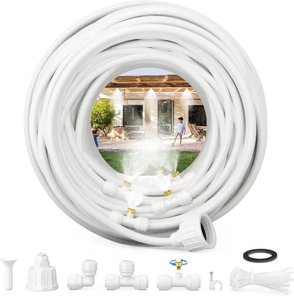 Misting Systems White, Outside Patio Misters, 100FT Misting Cooling System+30 Brass Mister System+2 PE Antioxidant Adapters 3/4"+2 Tee Adapters+2 90 Degree Elbows for Pasture&Garden&Gazebo (White)