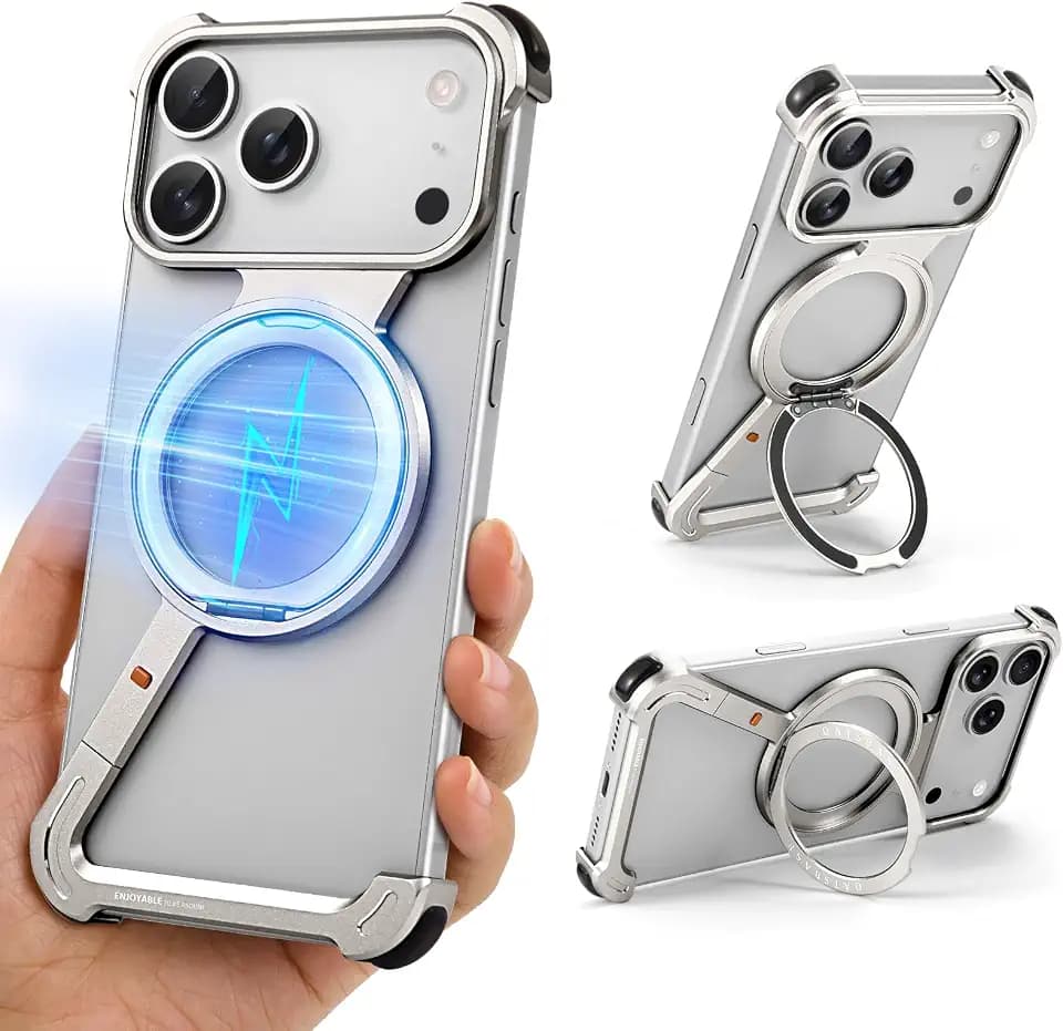 OGRANEE Z Metal Case for iPhone 17 Pro Frameless, Aluminum Alloy Bumper Compatible with Magsafe Kickstand Minimalist Shockproof Cool Cover Hard Shell with 360°Ring Holder Magnetic Stand, Natural