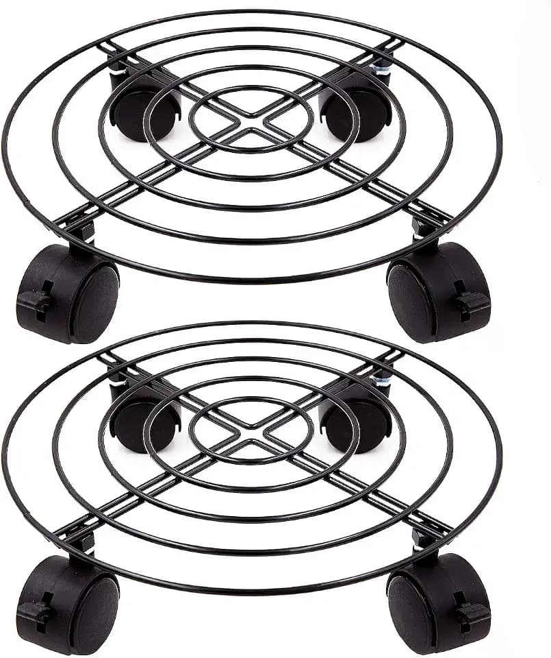 KINJOEK 2 Packs 10.6 In Metal Plant Stand with Wheels, Load Max 110Lbs Round Flower Pot Plant Caddy Outdoor with 360° Rolling Casters for Indoor, Home, Garden, Black