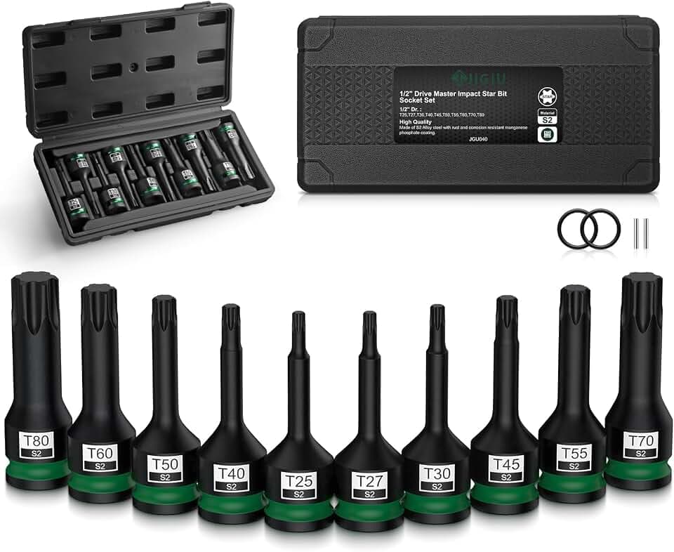 JiGiU 1/2 Zoll Kraft Torx Schlagschrauber Nüsse Satz 10-teilig Kraft Torx Bit Einsatz Satz T25 - T80 aus S2-Legierungsstahl mit Aufbewahrungsbox für Elektrische und Pneumatische Schlagschrauber