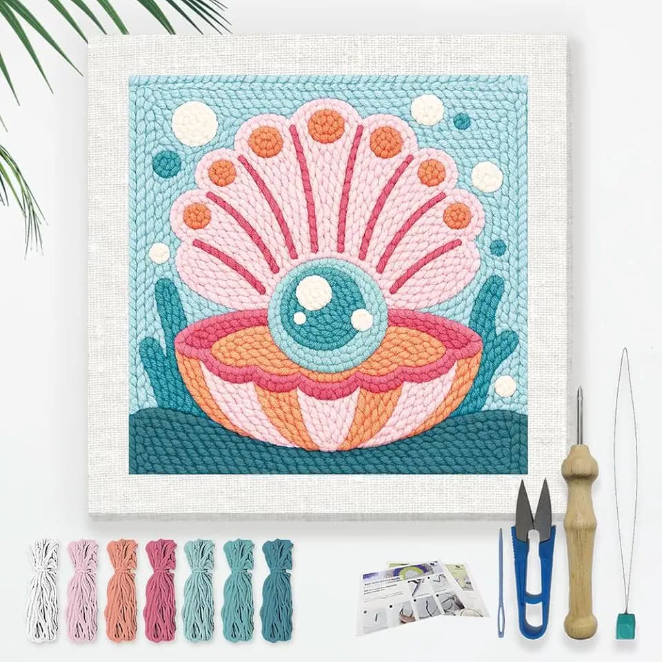 DOODLREAM Pink Shell Punch Needle Kit Für Anfänger 24x24cm Blaues Perlenstanz Stickset DIY Stickerei Starterset Mit Bedrucktem Rahmen Anweisung Einfädler Garn Quetschnadel