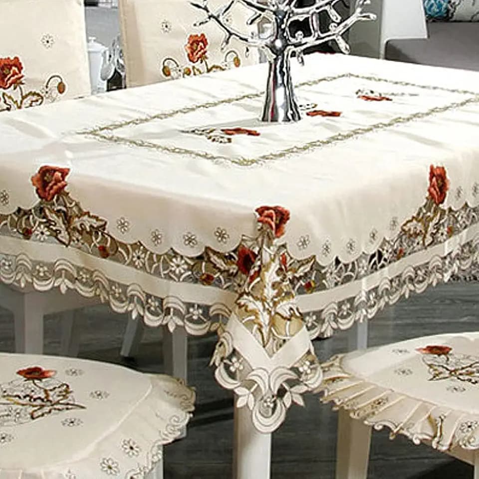 LeLehome 57" Square Flower Embroidered Tablecloth Vintage Tassel Floral Beige Table Cloth for Home Decor Dining Table Cover Rufous Red Rose