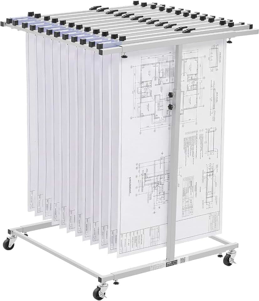 VEVOR Blueprint Storage Rack, Mobile Blueprint Holder with 12 Pivot Brackets, Plan Holder Adjustable Height & Length, Poster Display Rack for Office and Home (Rack Only Without Clamps)