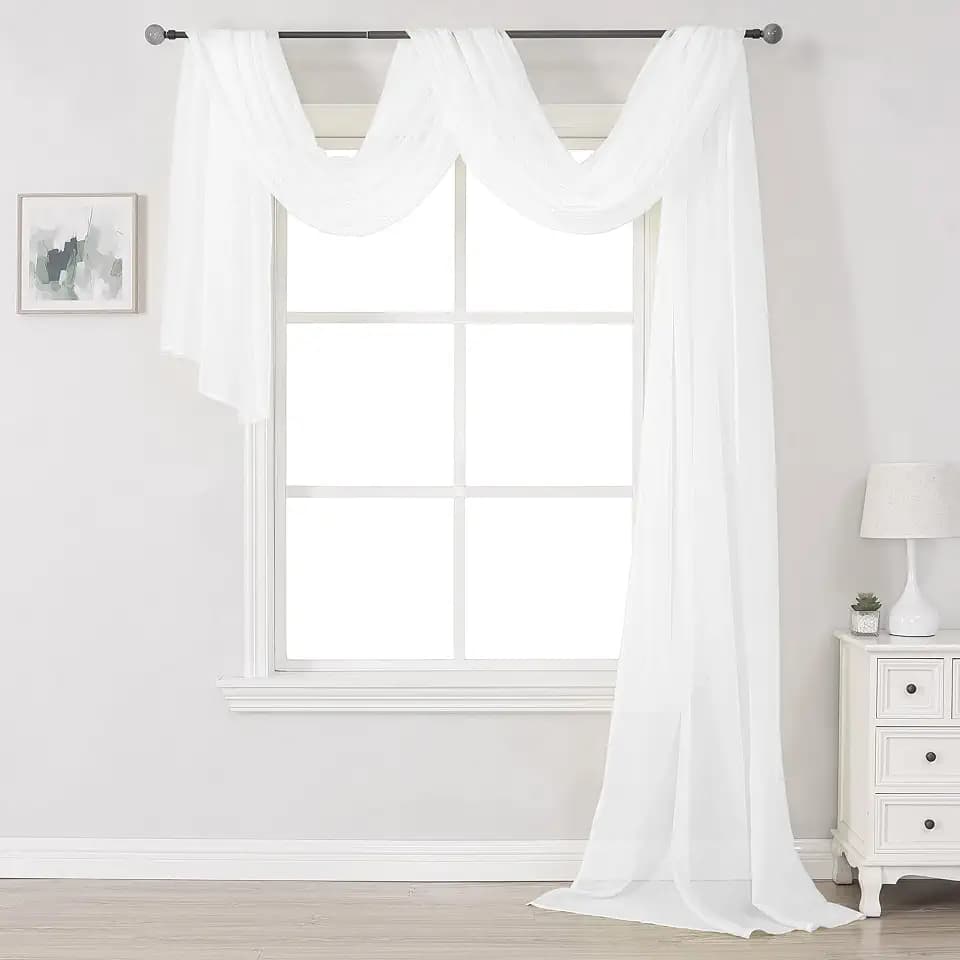 DONREN Luxury Soft Semi Sheer Window Scarf - White Valance for Wedding Arch, Curtains (1 Panel, 52 x 288 Inch Length)