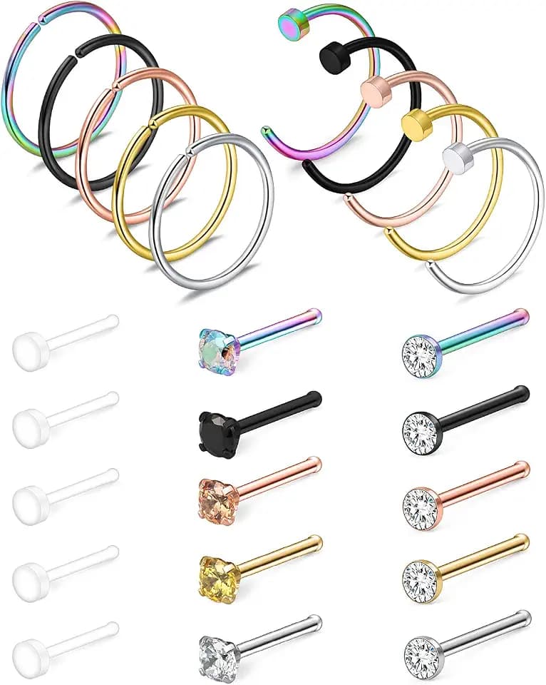 Ruifan 10-25PCS 18G Surgical Steel Mix Color Diamond CZ Nose Stud Rings Bone Pin Piercing Jewelry 1.5mm 2mm 2.5mm 3mm