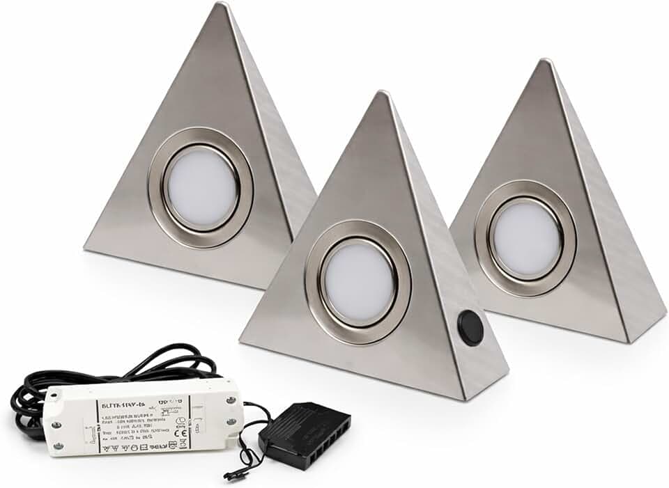 3er Set LED Dreieckleuchte Unterbauleuchte Küchenleuchte EDELSTAHL 3x3W Warmweiß 3000K mit Zentralschalter