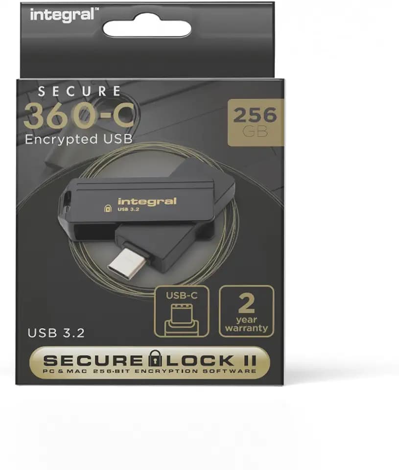 Integral Secure 360-C 256 GB Software-verschlüsselter USB-Flash-Laufwerk – USB-C-Anschluss – 256-Bit-AES-Verschlüsselung – kompatibel mit Mac, MacBook, PC, Laptop