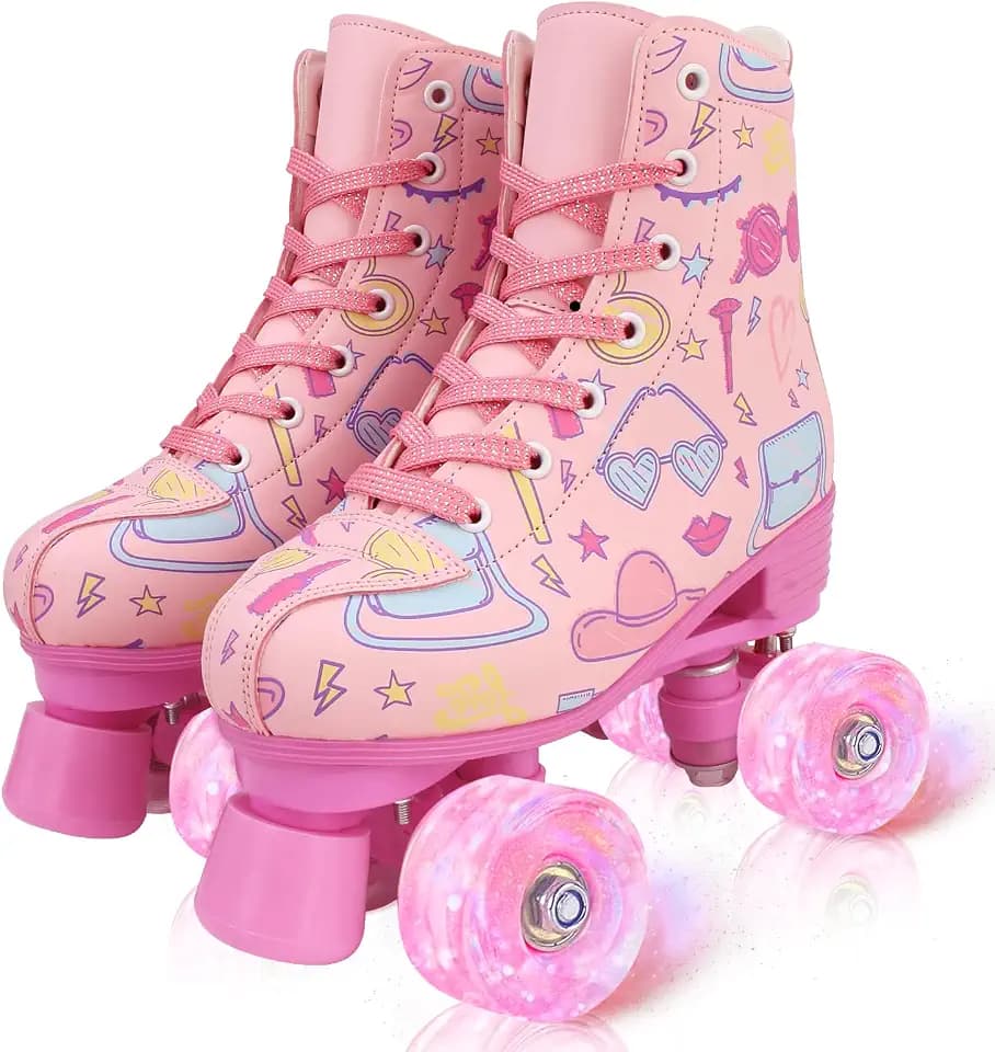 jessie Girl Roller Skates for Kid, PU Leather Flash Rainbow Adjustable Roller Skates Girls Ages 5-12 Four-Wheel Beginner Adult Indoor Outdoor