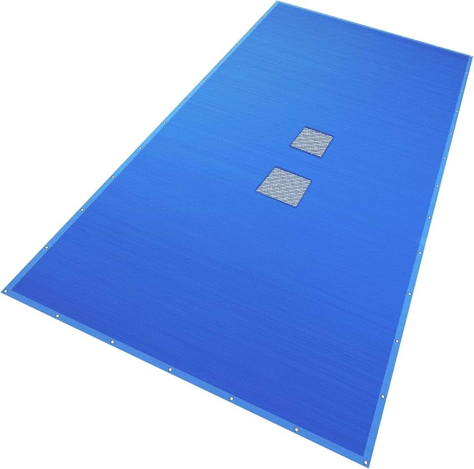 VOUNOT Poolabdeckung rechteckig, Pool Abdeckplane aus Polyethylen 160 g/m² mit Abflussnetz, Doppelte Poolplane Wasserdicht Schimmelresistent Reißfest mit Aluminiumösen 6X12m, Blau