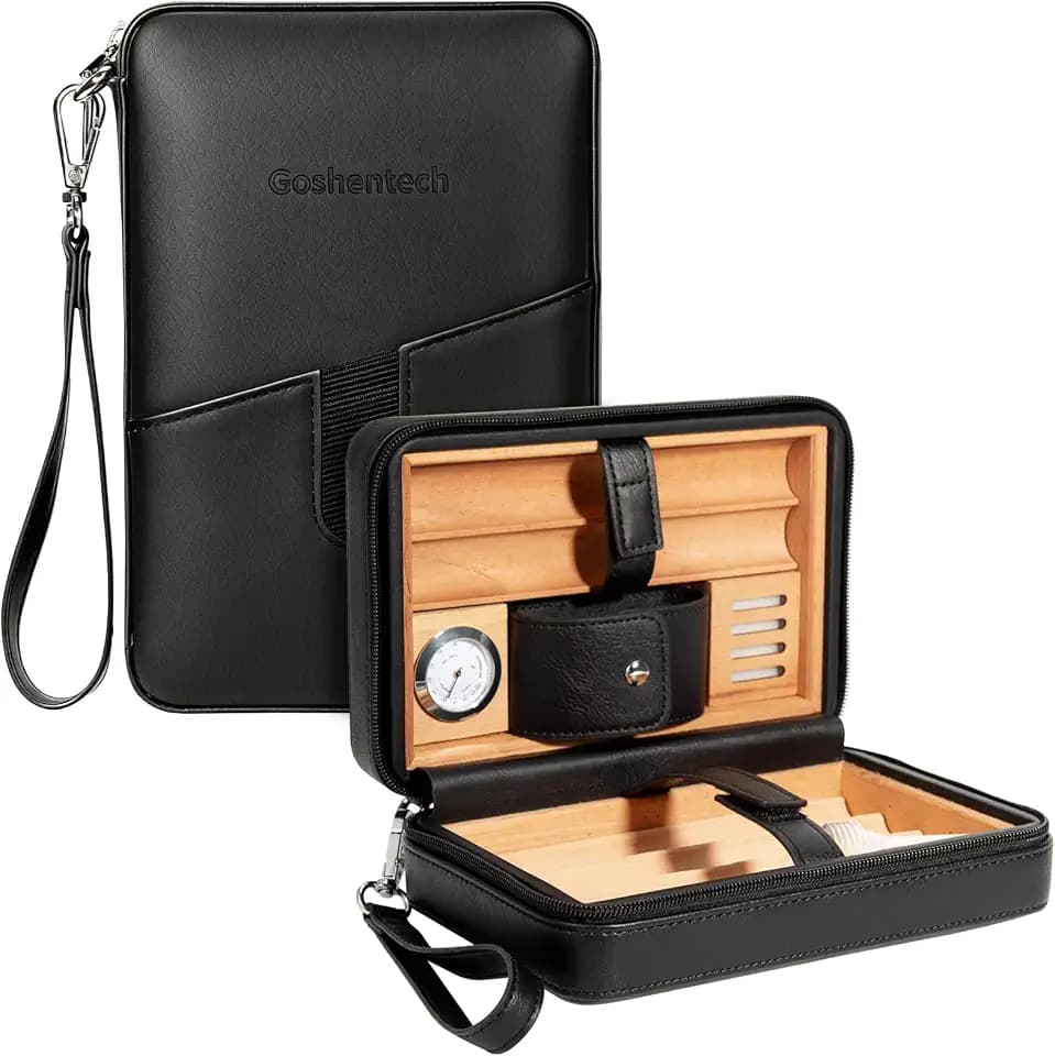 Leather Cedar Wood case,Black,Capacity 6pcs,Travel Box with Hygrometer