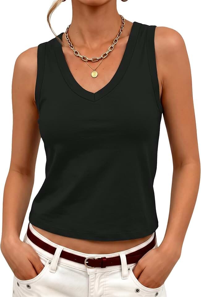 Prettywear Women's V Neck Cropped Tank Tops Cotton Blend Sleeveless T Shirt