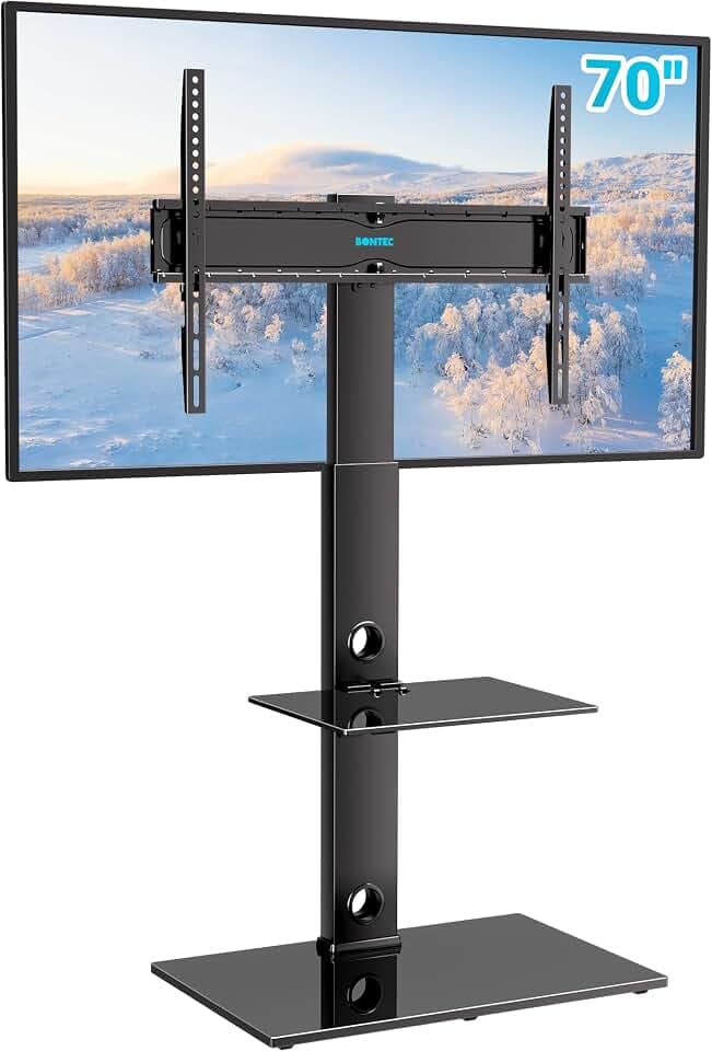 BONTEC TV Ständer für 30-70 Zoll Fernseher, 2 Glasablagen, bis zu 40 kg | Höhenverstellbarer TV Standfuß mit 37° Schwenkfunktion, Höhe bis 1310 mm, max. VESA 600x400 mm