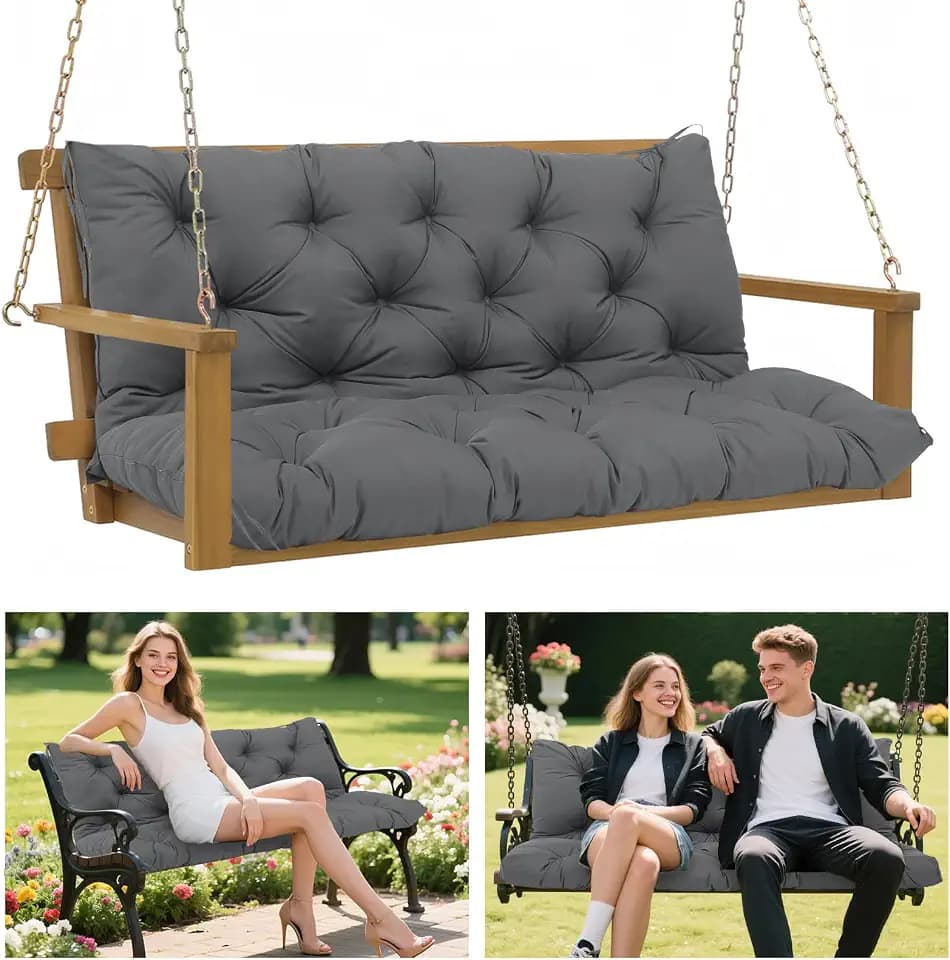 Porch Swing Cushions 60x40 Inch, 5" Extra Thick Waterproof Outdoor Swing Seat Cushion with Backrest & 8 Non-Slip Ties PP Cotton + Memory Foam Fill, Fade-Resistant 3-Seater Replacement for Patio Bench