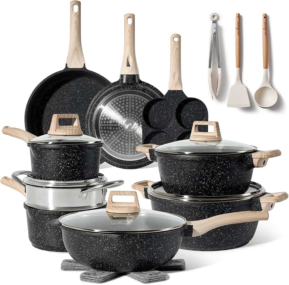 JUST PERFECTO Induktions Töpfe Set - Pfannenset mit deckel - Induktions Töpfe Set - töpfe & pfannen set ohne PTFE und PFOA - Kochgeschirr Topfset induktion (21 pcs Black)