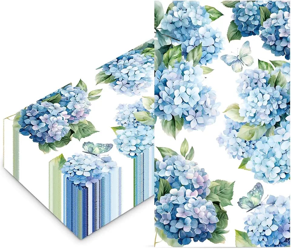 100Pcs Hydrangea Floral Paper Napkins Watercolor Butterfly Spring Wild Flower Paper Napkins Disposable Guest Bathroom Hand Towels Dinner Party Napkins for Bridal Baby Shower Wedding Birthday