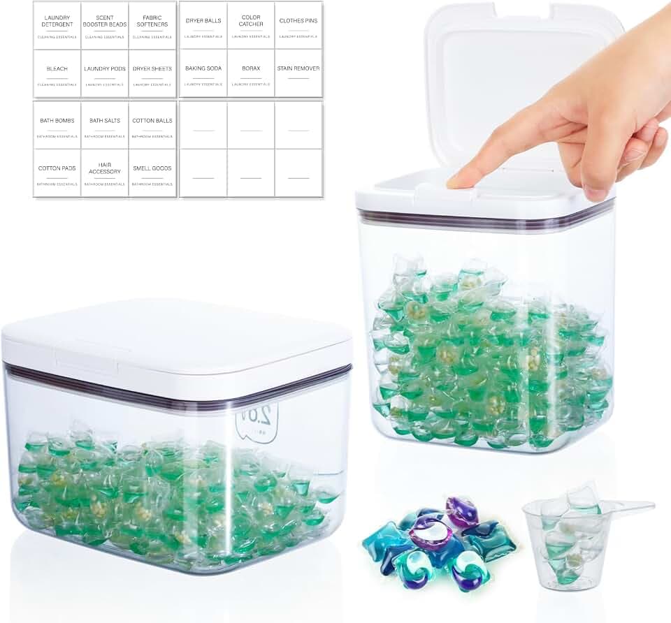 VINATO 2 Stück Waschmittel Aufbewahrung mit Deckel,Aufbewahrungsbox aus PET Kunststoff,Wäsche Pods Behälter Set,Organizer für Waschmittel, Wäscheperlen, Duftende Perlen, Mehl
