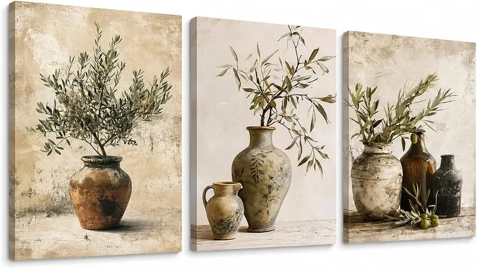 Dazzlewall 3er Set Vintage Rustikale Olivenzweig Wandkunst, Grüner Olivenzweig in Tonkrug Wandbilder für Landhaus Schlafzimmer Wohnzimmer Küche Gerahmt 30x40 cm