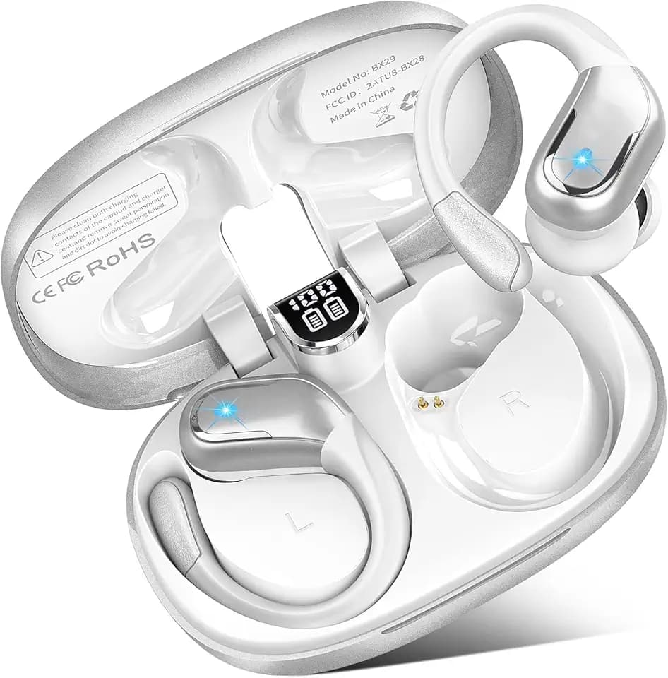 Bluetooth Kopfhörer, 75H Bluetooth Kopfhörer Sport HiFi Tief Bass Stereo, Kopfhörer Kabellos Bluetooth 5.4 mit ENC Noise Cancelling Mic, IP7 Wasserdicht Ohrhörer für Android/iOS, LED-Anzeige, Silbrig