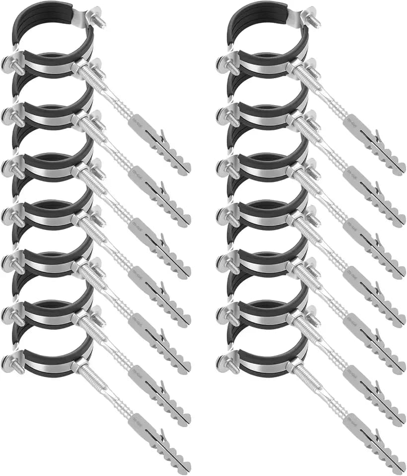 14 Stück 50mm Rohrschellen Set - 14 Schraubrohrschelle + 14 Dübel + 14 Stockschrauben, Rohrhalterung Rohrbefestigung mit Gummieinlage für Lüftungskanäle, Rundleitungen und Klempnerarbeiten