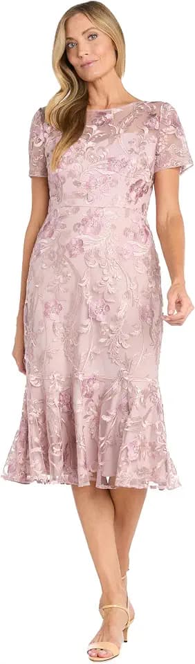 Elegant Embroidered Mesh Midi-Length Dress W/Flounce Hem & Short Sleeves