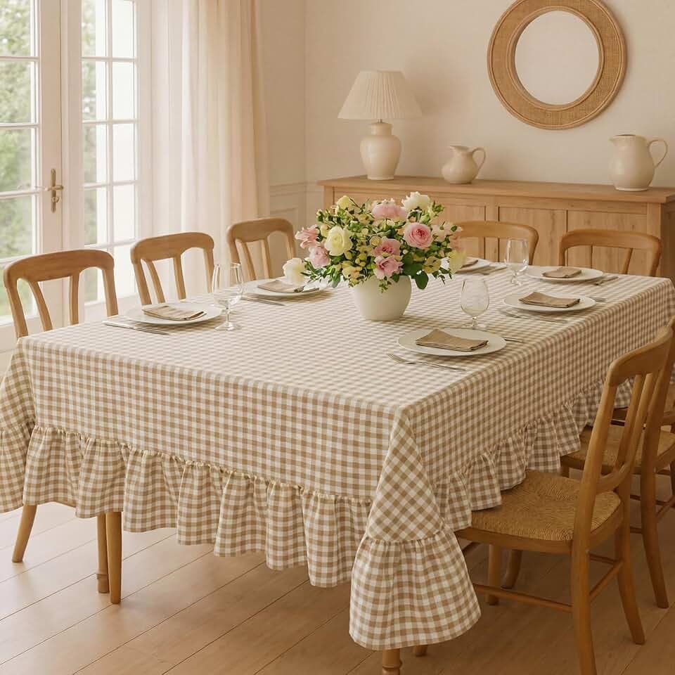 Mindsoft Light Brown Gingham Ruffled Tablecloth, 52 x 70 Inches, Rectangle