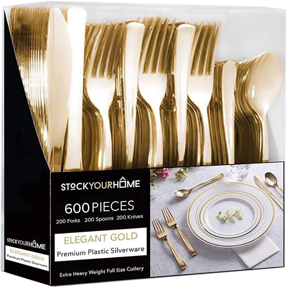 Gold Plastic Silverware Set (600-Pack) – Disposable Heavy Duty Cutlery, 200 Forks, 200 Knives, 200 Spoons for Parties, Weddings, Dinners & Holidays, Stock Your Home