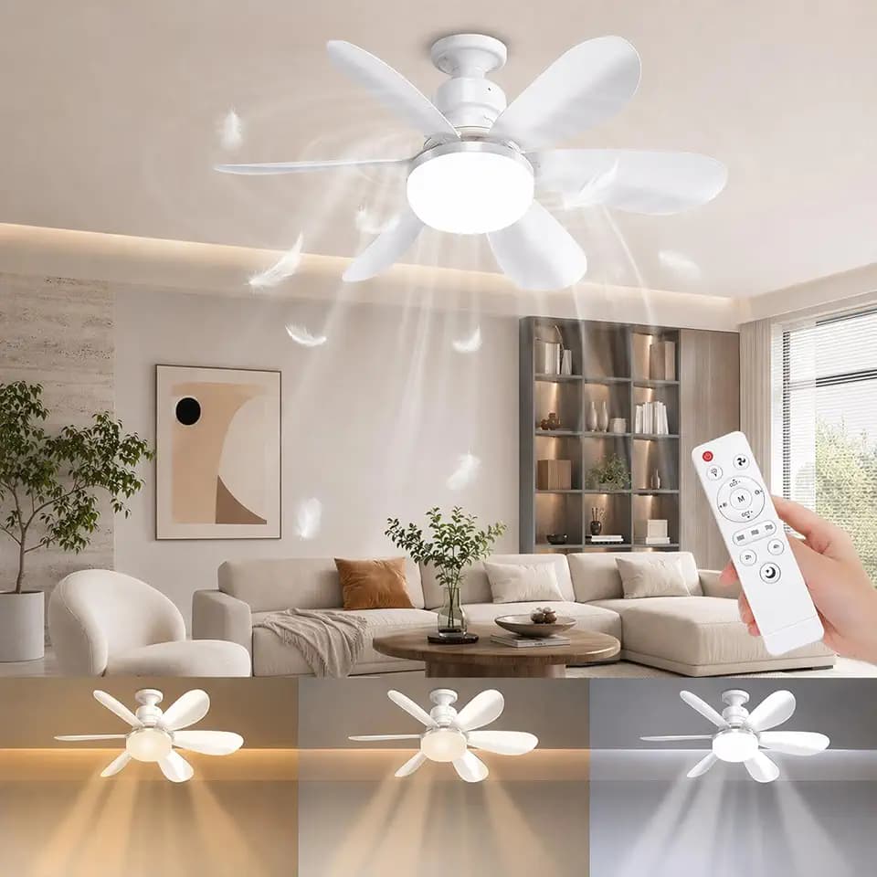 52CM Deckenventilator mit Beleuchtung und Fernbedienung, 5 Flügeln, DC, Deckenleuchte mit Ventilator 3 Windstufen Leiser, Dimmbar, Timer für Wohnzimmer, Schlafzimmer und Esszimmer (Mit Basis)