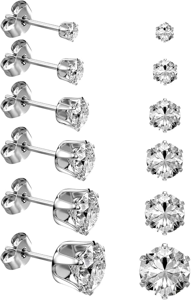 6/12 Pairs Silver Gold Stainless Steel Stud Earrings Set for Women Men