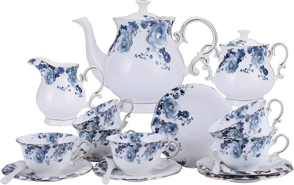 fanquare 15 Stück Blaue Blumen Porzellan Tee Sets,Vintage Keramik Kaffeeset,Hochzeit Tee Service für Erwachsene