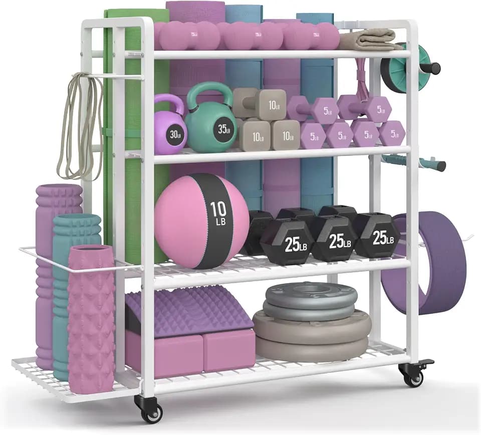 4-Tier Weight Rack for Home Gym with Wheels and Hooks