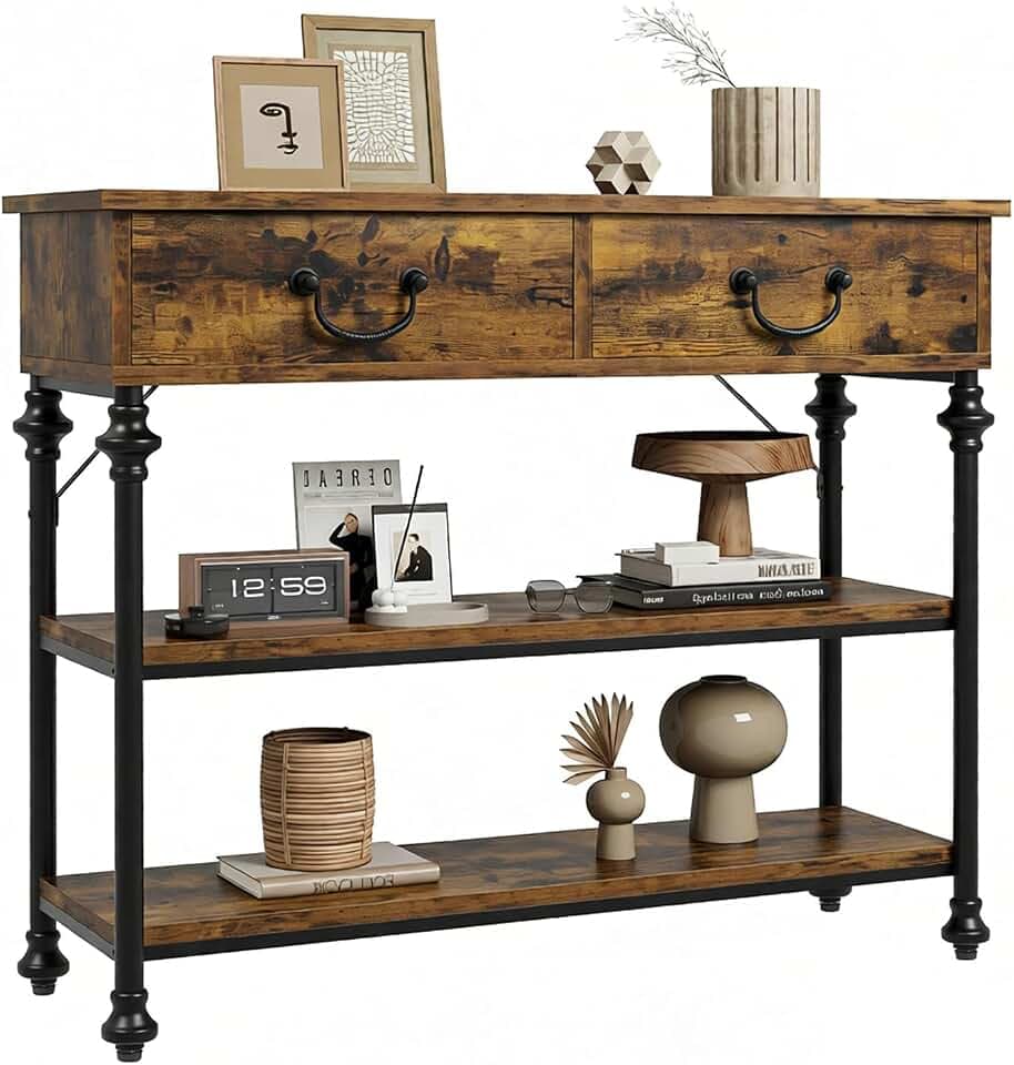 Takywep Narrow Console Table with Drawers, 39.4” Entryway Table for Small Space, Industrial Farmhouse Sofa Table & Hallway Table with 2 Drawers & 2 Shelves, Behind Couch Table in Vintage Brown