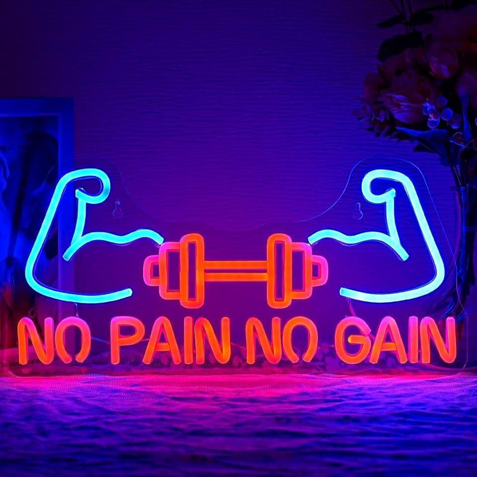 No Pain No Gain Neon Schild für Gym Dekor Gym Neon Licht Hantel LED Schild Gewichtheben LED Neon Schilder Muskel Neon Licht Schriftzug für Fitness Club Sport Fitness Raum Deko Wandkunst