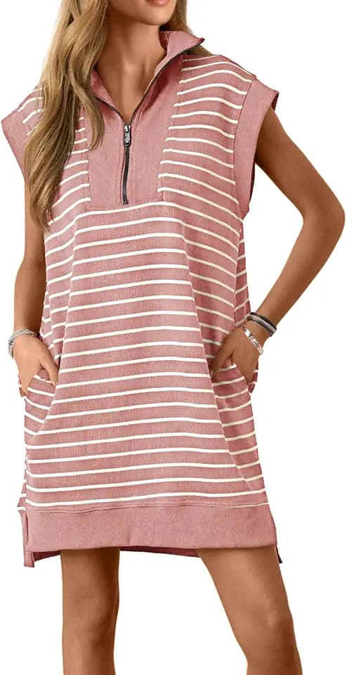 Wenrine Womens Striped Zipper Collar V Neck Loose Knit Summer Mini Dress