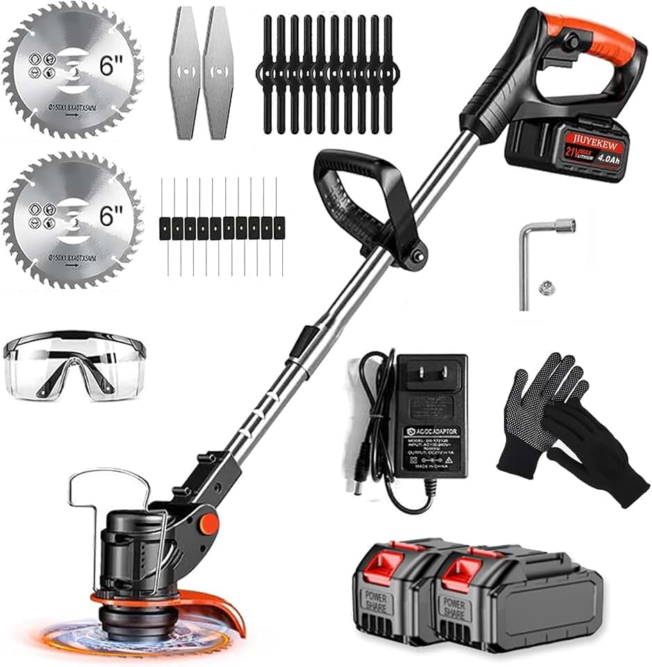 Electric Weed Wacker,21V Cordless Weed Wacker, 3-in-1 Stringless Grass Trimmer/Edger/Brush Cutter with 2×4.0Ah Batteries, 4 Types of Blades for Lawn