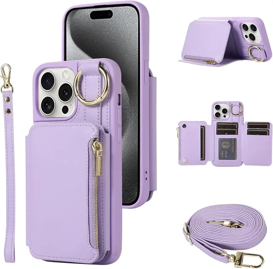 Wallet Case for iPhone 16 Pro Max 6.9 inch with Wrist/Shoulder Strap Card Holder Ring Zipper Pocket, 6+ Card Slots RFID Blocking Phone Cover for i Phone16 16Pro i16 ProMax 16ProMax Purple