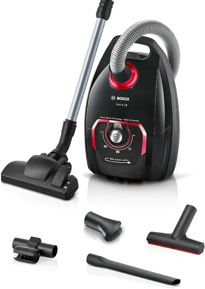 Bosch Staubsauger mit Beutel Serie 8 BGB75X650, für Allergiker, Hygiene-Filter, 10 Jahre Motorgarantie, XXL-Polsterdüse, XXL-Fugendüse, langes Kabel, Made in Germany, leise, 650 W, schwarz