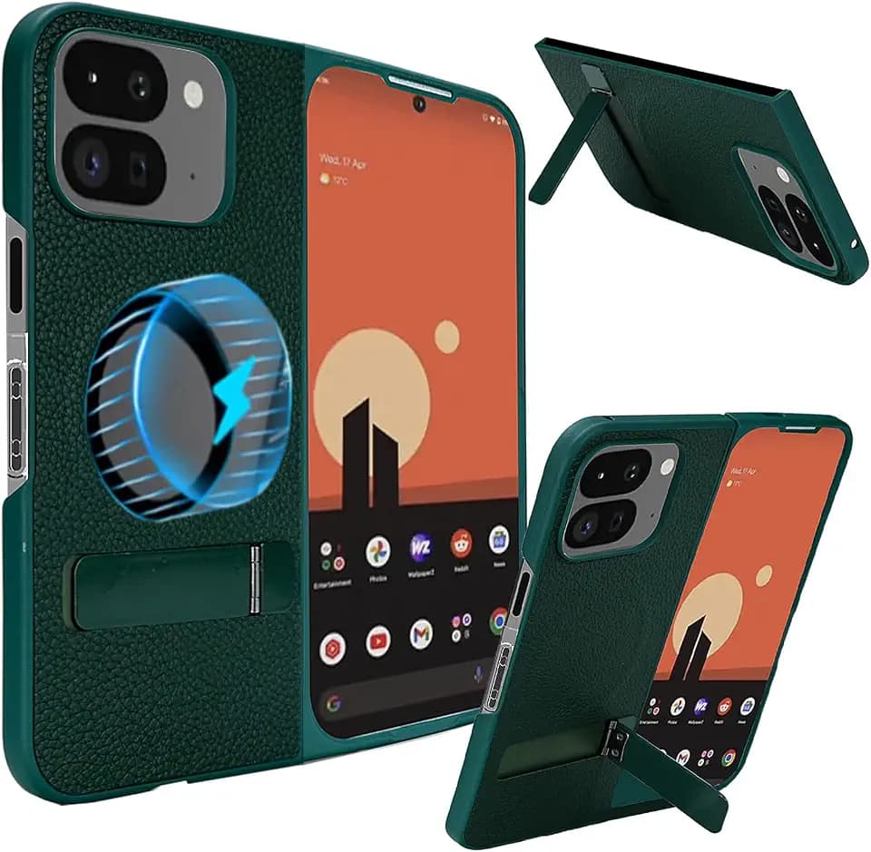 for Pixel 10 Pro Fold Case Compatible with Pixelsnap & MagSafe, Built-in Kickstand & Magnetic Ring, Carbon Fiber Texture Leather+PC Bumper Protective Phone Cover for Pixel 10 Pro Fold (Green)