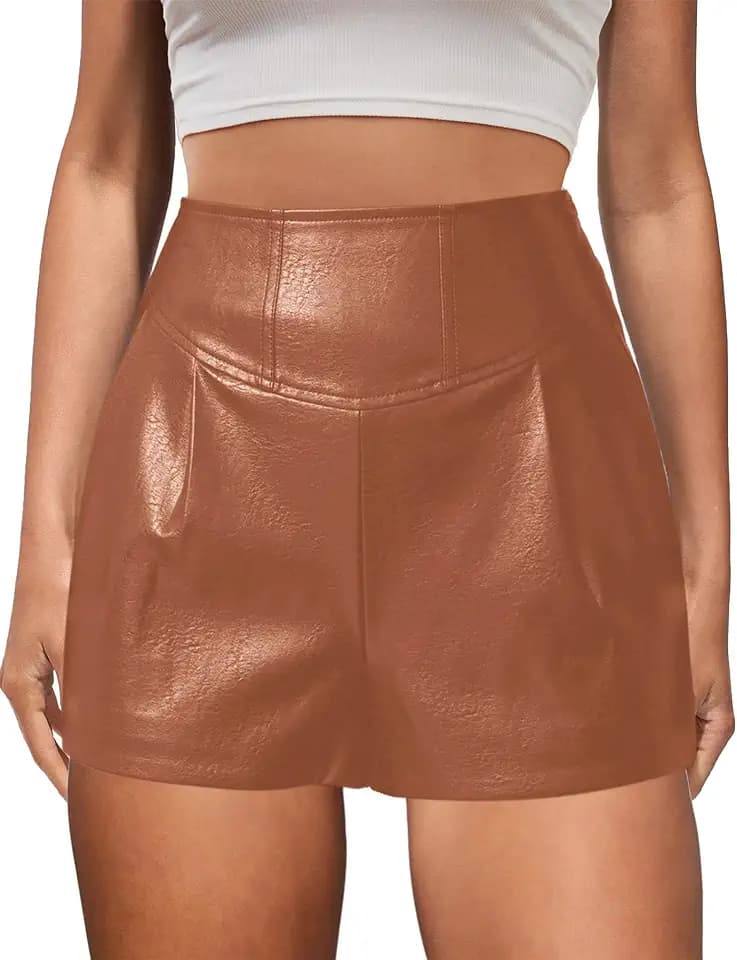 Minclouse Women's High Waisted Stretchy Faux Leather Pleated Shorts Trendy PU Bottoms