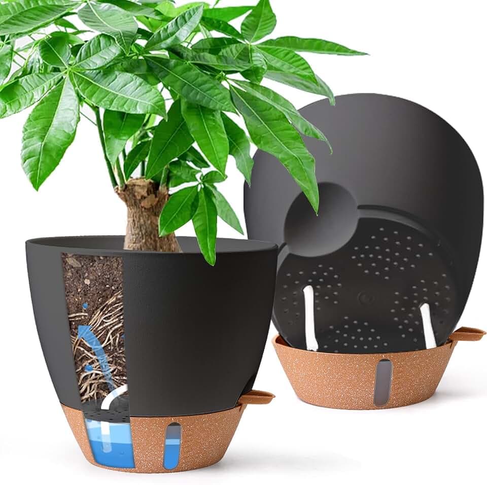 T4U Selbstbewässerungstopf 25 cm 2er Set, Blumentopf für Balkon，Schwarz