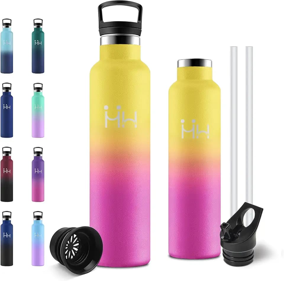 Isolierflasche Edelstahl 1L, Trinkflasche Kohlensäure Geeignet, Auslaufsicher mit Strohhalm, Einhandöffnung, BPA-Frei, Wasserflasche für Reisen, Gym, Uni, Camping, Schule