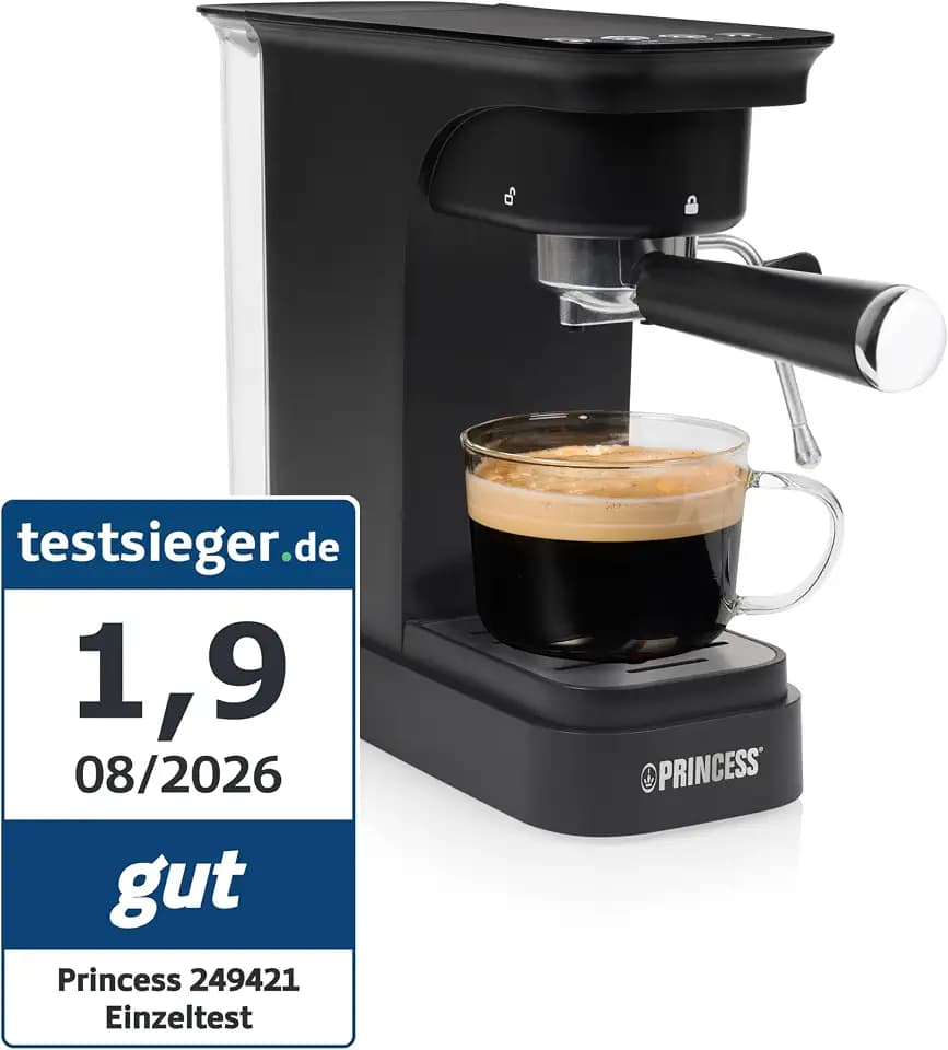 Princess Espressomaschine, 20 Bar Pumpdruck, 0,8 l Wassertank, Für Gemahlenen Kaffee und ESE Pads, Kompaktes Design, Schwarzes Gehäuse, 01.249421.01.001
