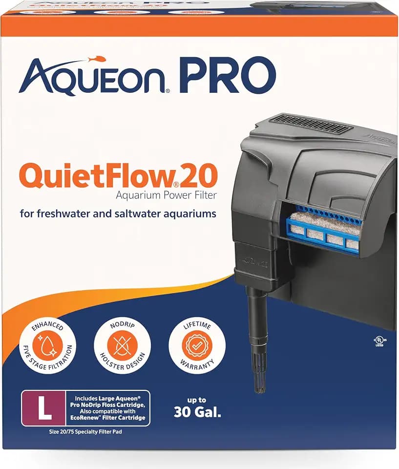 Aqueon PRO QuietFlow Aquarium Power Filter Size 20, Up to 30 Gallons