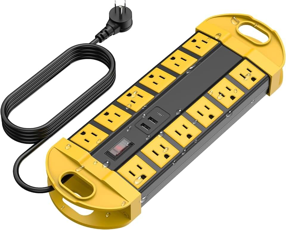 CCCEI Outdoor Power Strip Weatherproof with 12 Plug, Waterproof Extension Cord with Multiple Outlets and USB C Port, Christmas Exterior Garden Yard Surge Protector 6FT, Yellow