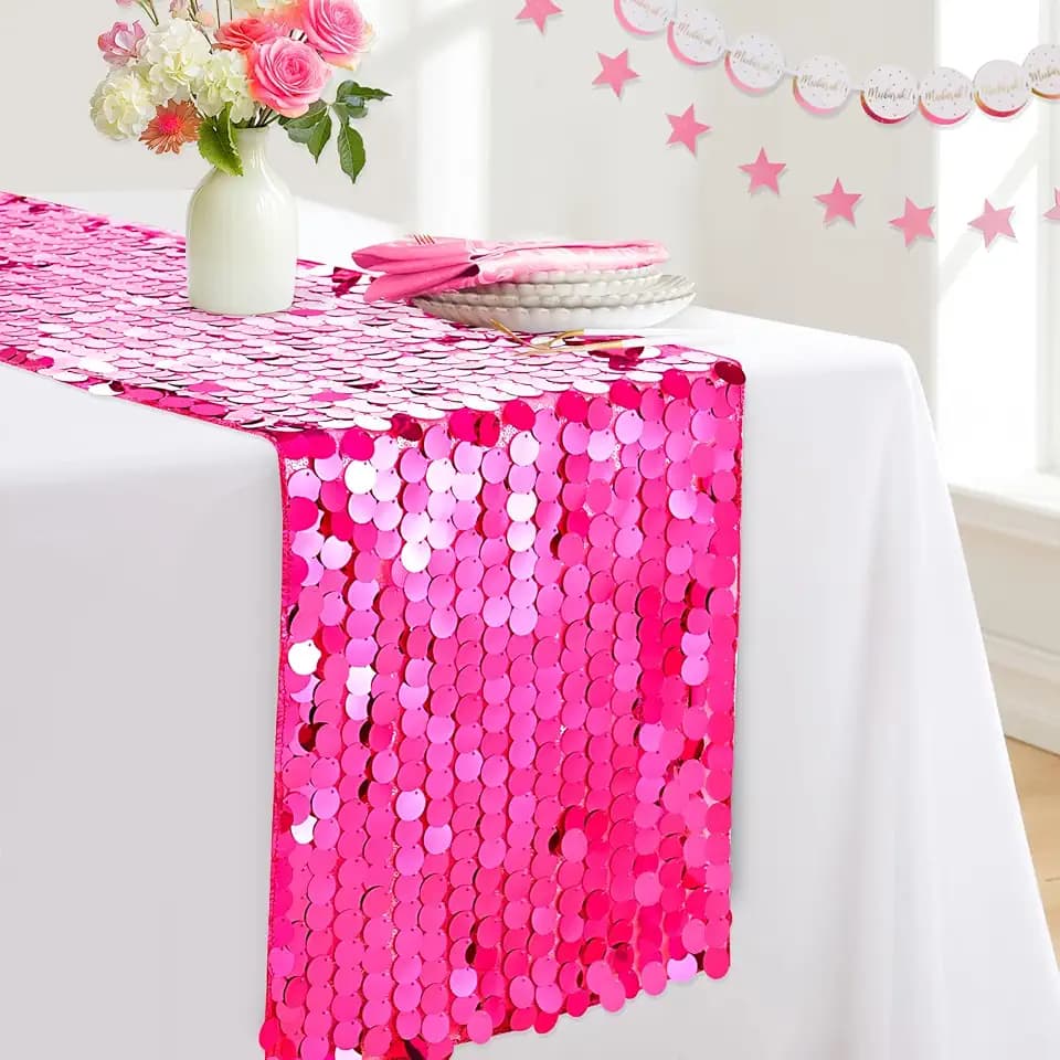 Hot Pink Sequin Table Runner: 12x108 Inches Table Runners - 18mm Sequin Glitter Fabric for Minnie Theme Party Decorations