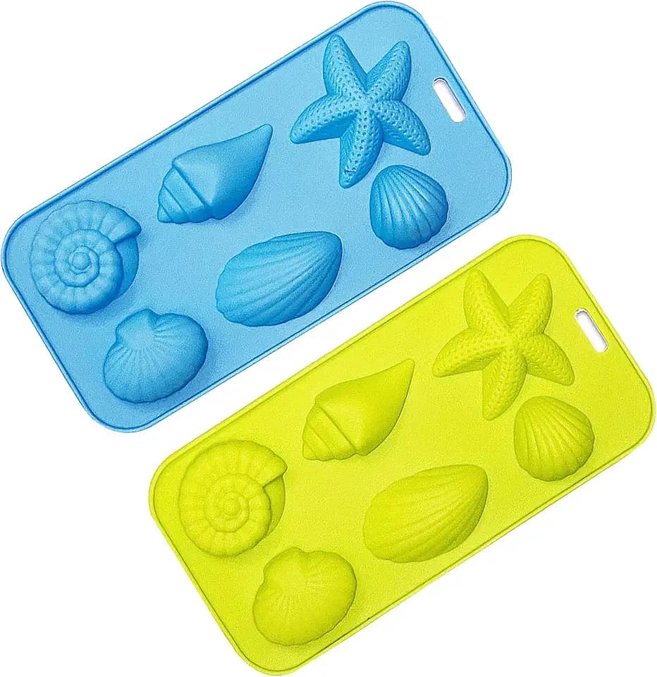 Ice Cube Trays Silicone Mold for Ice, Jelly, Chocolate and Soap - 6 Starfish Conch Shell Shape Ice Mold, Set of 2 Blue&Green
