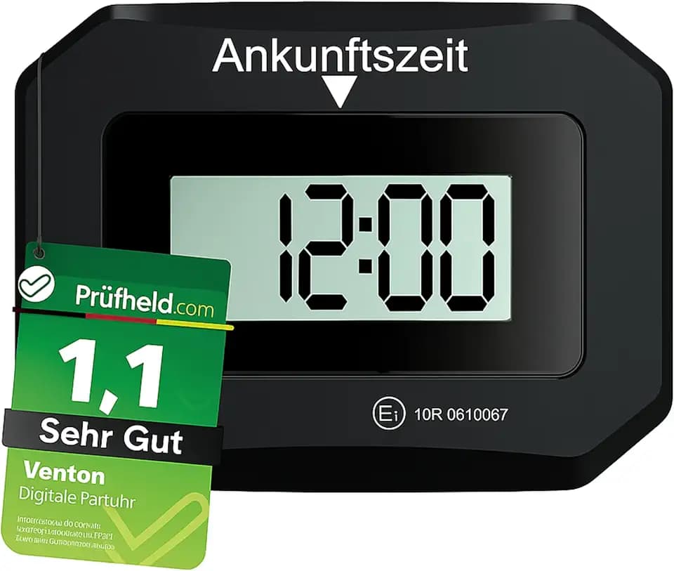 VENTON [ Test SEHR GUT, Note 1.1 V2 Elektronische Digitale Parkscheibe schwarz mit Zulassung, Automatische elektrische Parkuhr, Auto Zubehör Innenraum, Autozubehör elektronisch elektrisch, Gadgets