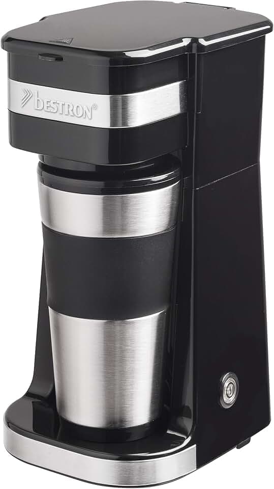 Bestron Kaffeemaschine mit Isolierbecher, Camping Kaffeemaschine für gemahlenen Filterkaffee, kleine Kaffeemaschine für 2 Große Tassen, 750 Watt, Farbe: Schwarz/Silber