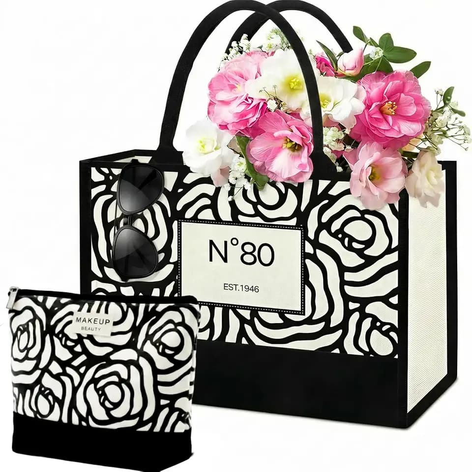 Birthday Gifts for Women Her - Elegant Floral Canvas Tote Bag with Makeup Bag for Mom/Sister/Aunt/Wife/Friend