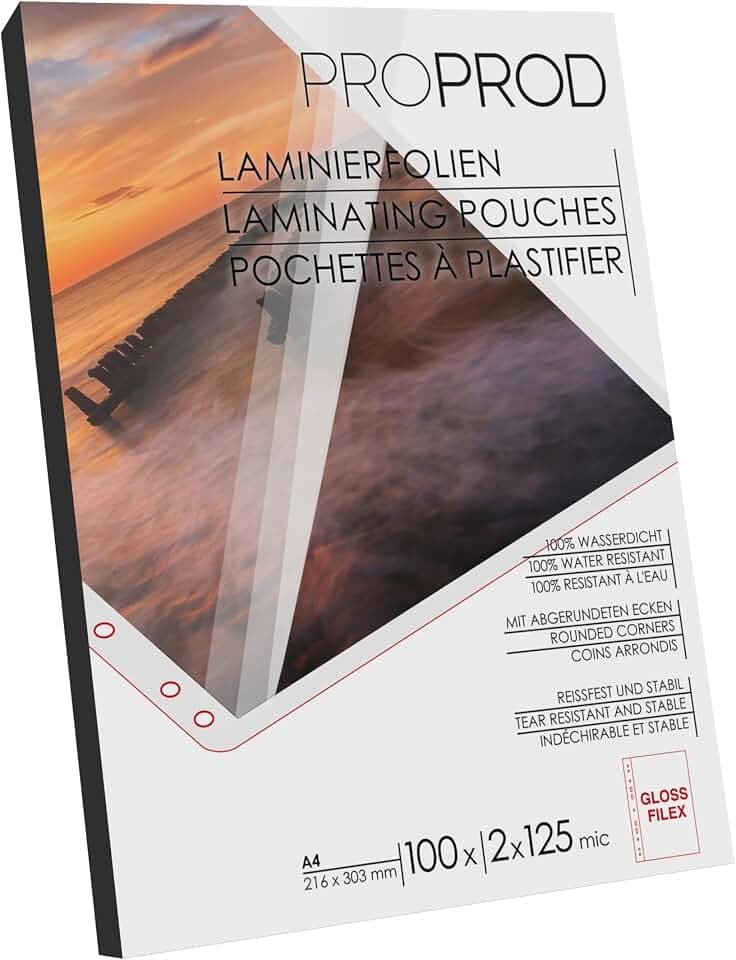 Laminierfolien A4 / 11 vorgestanzte Ordner Löcher / - A4 2x125 Mikron - 100 Stück - Glänzend